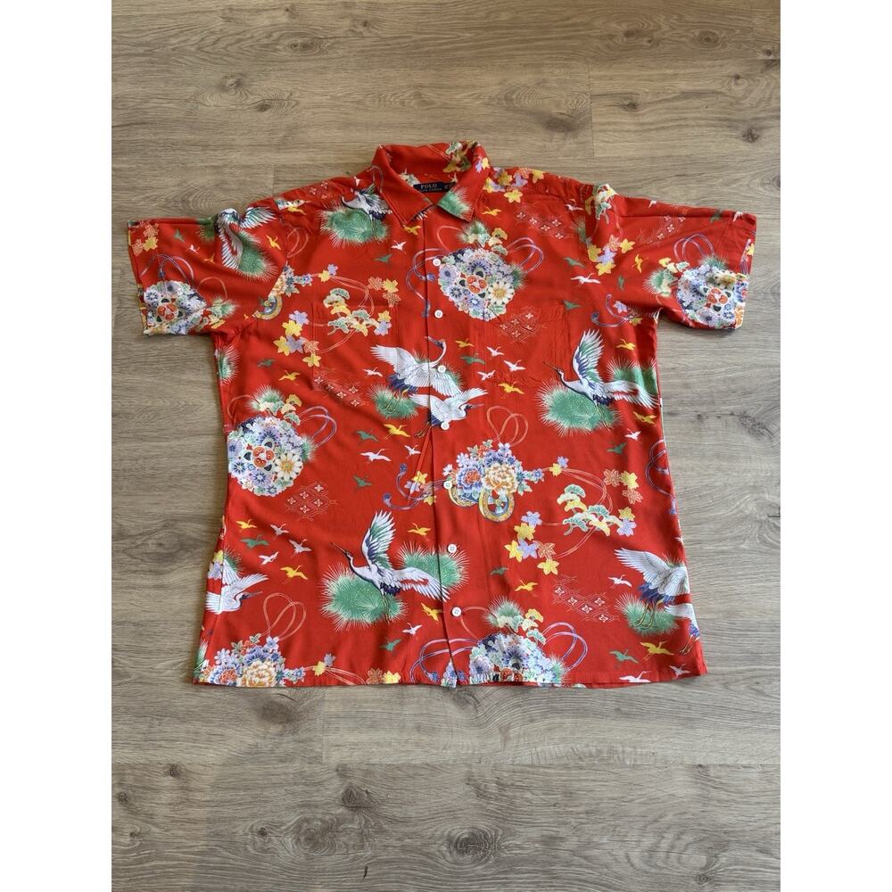 Polo Ralph Lauren Red Hawaiian Shirt Crane/ Floral Print Men’s Size XLT